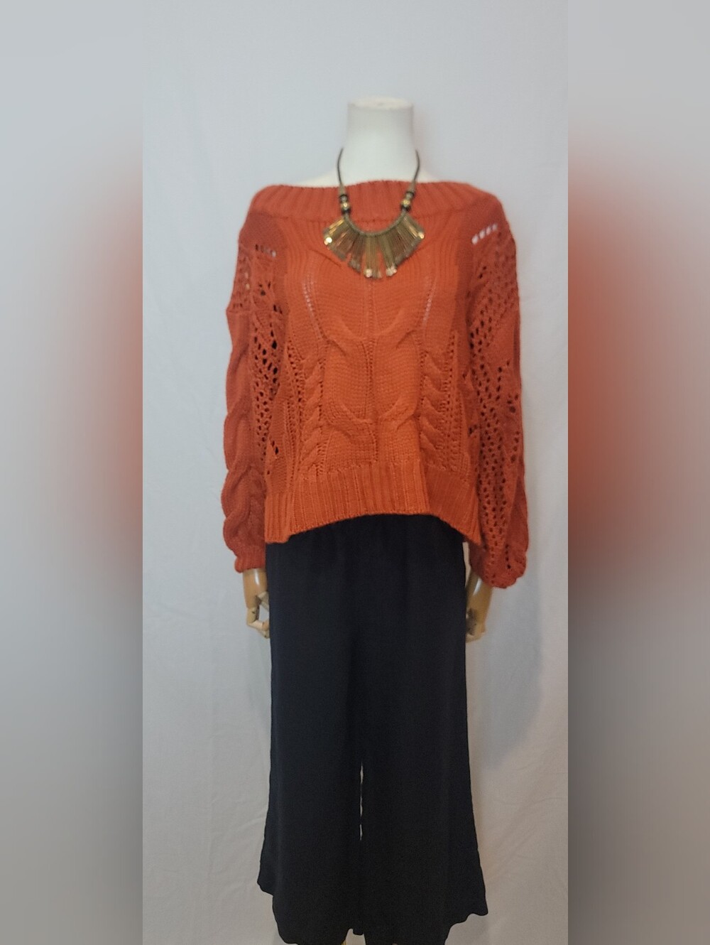 Fashion Nova Burnt Orange Long-sleeve Cable Knit Sweater, Size S/M